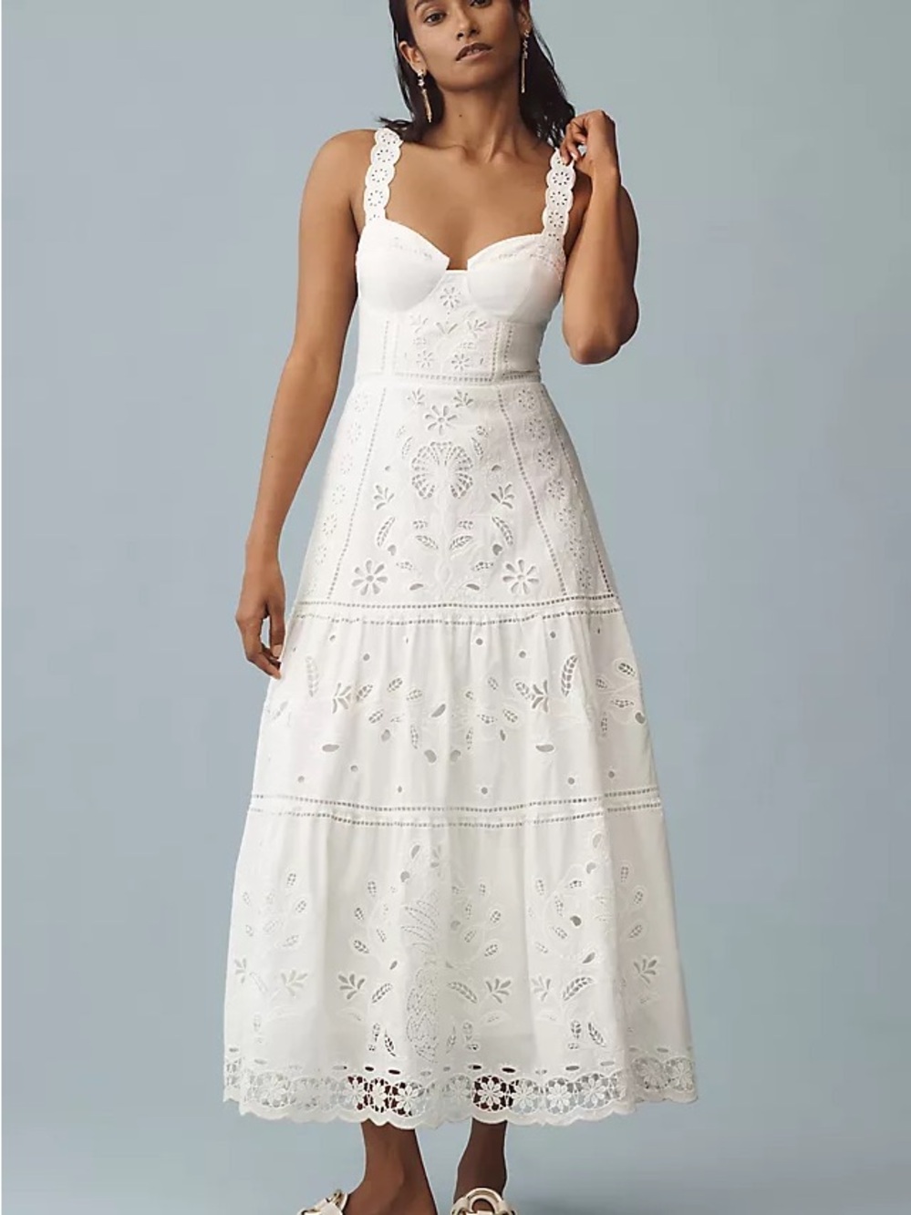 FARM Rio White Eyelet Maxi Dress with Scalloped Straps